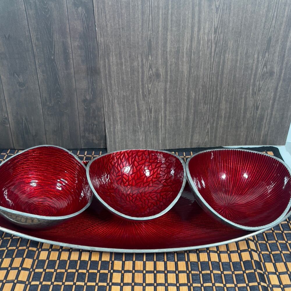 Simply Designz Organic Collection Ruby Red Enamel Aluminum Bowls & Tray